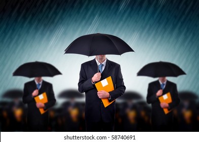 Team of business insurers. Businessmen with umbrella standing in stormy rain. Business teamwork, insurance agents and consultants in corporate crisis situation.