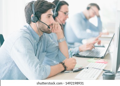 Team Business Operator in Office. Costumer Service Business, Call Center Team with Headset. The Center Appealed to Consumers to Help Identify Action Recovery Disaster.