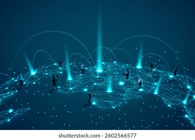 Team of business people across digital globe interacting through interconnected nodes representing data exchange and global business. Networking, advanced technologies concept. Collage with 4 models. - Powered by Shutterstock - Get 15% off with code: PIKWIZARD15