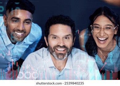 Team, business people and overlay for finance, data or excited for stock market growth at night. Group, trading or interface with investment graphs, stats or performance metrics on deadline in office - Powered by Shutterstock