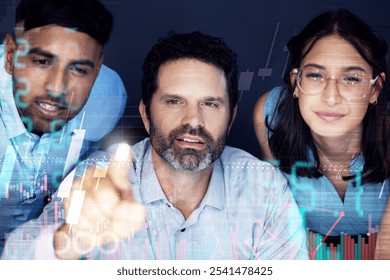 Team, business people and press screen for finance, data or stock market growth at night. Group, trading and interface with investment graphs, hud and touch metrics on overlay on deadline in office - Powered by Shutterstock