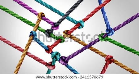 Team business support structure or unity and teamwork concept as a group of diverse ropes united together in strength and solidarity representing belonging or inclusion.