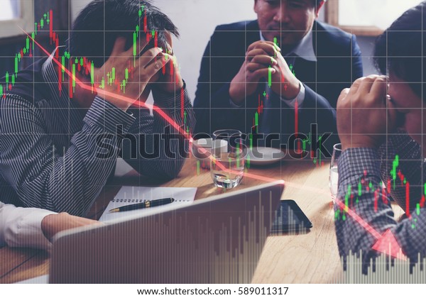 Team businessman with chart in the fall. economy or\
stock market going down.