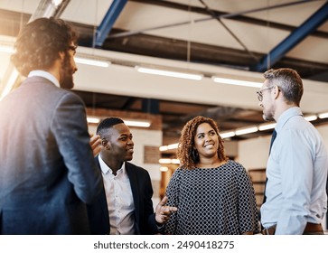 Team, chat and meeting in office cafeteria with diversity, casual conversation and brainstorming ideas. People, male leader and social in workplace for inspiration, motivation and pep talk in morning - Powered by Shutterstock