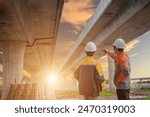 A team of civil engineers collaborates with architects to review designs and oversee the building of a new highway. At the site of highway construction, a male civil engineer and a female architect
