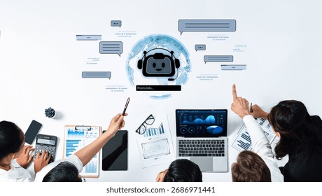 A team collaborates on data analysis in a modern office, utilizing chatbot technology and digital tools to enhance productivity and communication in their project. Trope