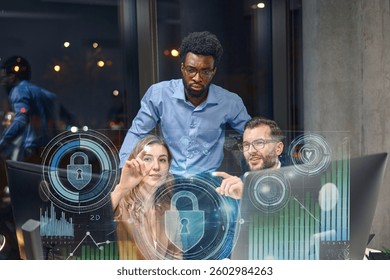 Team Collaborating On Cybersecurity Planning With Holographic Security Interface Technology Displayed - Powered by Shutterstock - Get 15% off with code: PIKWIZARD15