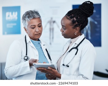 Team collaboration, tablet and doctors communication on medical research, healthcare study and review digital archive database. Teamwork, hospital clinic ui and nurse partnership on health results - Shutterstock ID 2269474103