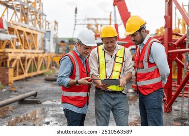 Team of construction civil engineers or workers wearing safety gear examine project plans on digital tablet at construction site. - Powered by Shutterstock