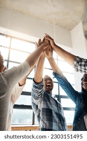 Team, creative and group with high five, office and teamwork with collaboration, goal or startup success. Staff, coworkers or men with women, company or support with happiness, career or solidarity