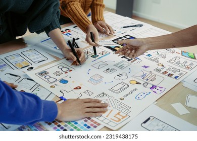Team of Creative Web, Graphic Designer planning, drawing website ux ui app for mobile phone application and development template layout, process to developing prototype wireframe