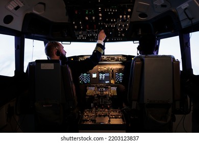 Team Of Diverse Airliners Flying Airplane With Engine Lever And Power Switch On Dashboard Command, Using Buttons On Control Panel Navigation To Fly Aircraft Jet, Professional Aviation Service.