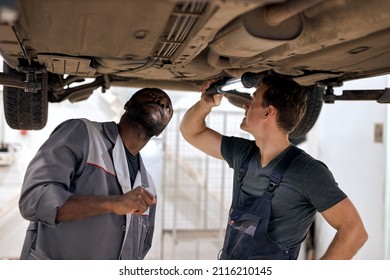 Team of diverse auto mechanics working on undercarriage of car diligence attention inspection examination annual checkup safety insurance professionalism occupation transportation vehicle concept - Powered by Shutterstock