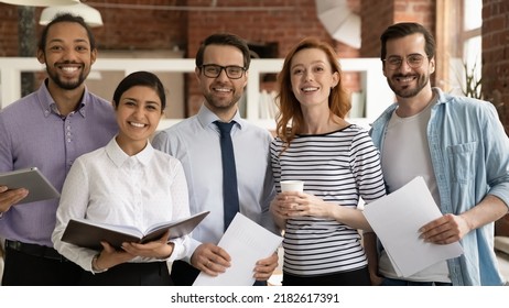 Team Of Diverse Businesspeople Multiethnic Colleagues Standing In Modern Office Smile Look At Camera. Career Advance, Leadership, Racial Equality, Professional Company Corporate Staff Portrait Concept