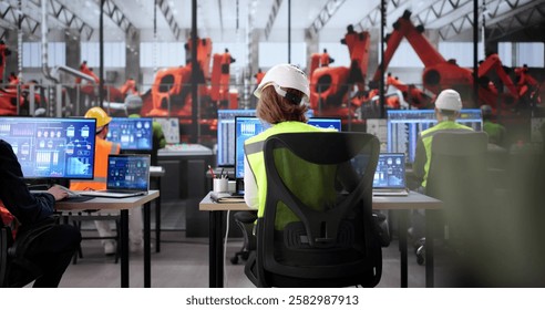 Team of diverse engineers using Scada software at automobile factory.