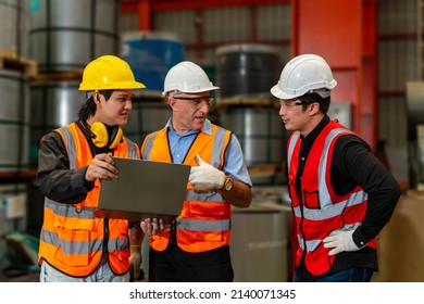 Team Of Diversity Worker Inspecting Inside The Steel Manufacturing Factory While Listening To Senior Manager Advice On Improvement Of Capacity And Productivity Concept