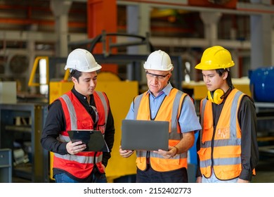 Team Of Diversity Worker Inspecting Inside The Steel Manufacturing Factory While Listening To Senior Manager Advice On Improvement Of Capacity And Productivity