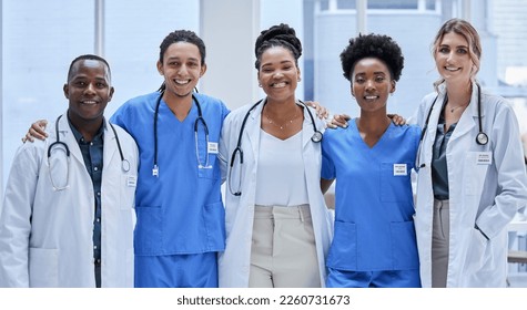 Team of doctors, diversity portrait and healthcare hospital services, mission and group values. Support, love and nurses or medical professional employees, black woman and face of USA clinic staff - Powered by Shutterstock