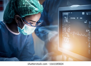 Team Of Doctors Or Surgeons With Electrocardiogram Monitor In Hospital Surgery Operating Emergency Room Showing Patient Heart Rate, Medical Concept.