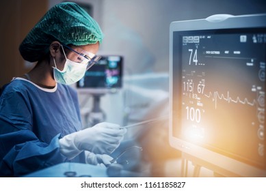 Team of doctors or surgeons with electrocardiogram monitor in hospital surgery operating emergency room showing patient heart rate, medical concept.
