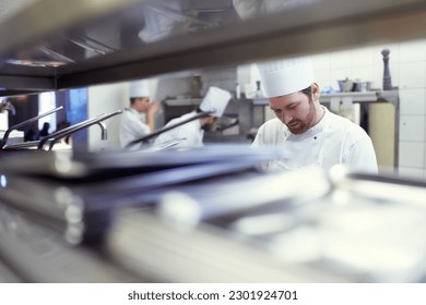 Team, employees and chef in a kitchen, catering and prepare delicious meal with equipment. Professional, coworkers or staff with workspace, utensils or start dinner rush with food industry or cooking - Powered by Shutterstock