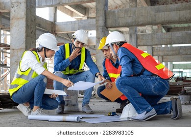Team of engineer, architect, contractor and foreman meeting and consulting at construction building site with floor plan for real estate development project industry and housing timeline usage