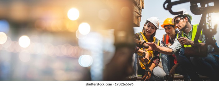 Team engineer use wrench repair train wheel, double exposure with bokeh, banner cover.	 - Shutterstock ID 1938265696