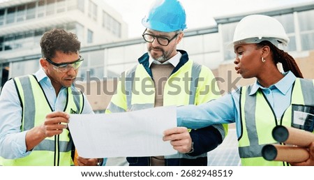 Team, engineering and plan for solar panel maintenance, people on roof for meeting, inspection and clean energy. Engineer collaboration, paperwork and discussion for renewable power upgrade outdoor