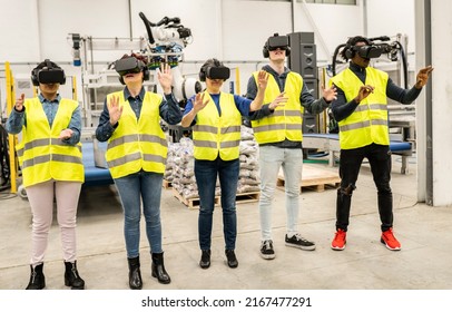 Team Of Engineers With Experience In Simulation With Futuristic Virtual Reality Metaverse. Robotics Company