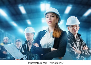 Team Of Engineers At A Heavy Industry Factory. Effective Team