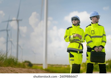 A team of engineers in high-visibility safety gear stand together at a wind farm, conducting inspections and discussing renewable energy projects. Wind turbines surround them under a clear sky.