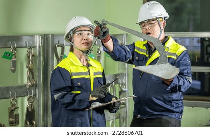 Team of Engineers Inspecting a Medium Sized Ship Anchor Factory Collaboration: Two Engineers Teamwork in Hard Hats and Gloves Checking Metal Anchor with Clipboard Anchor Prototype.