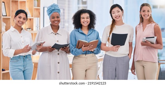 Team of female digital marketing or social media planners working in a creative agency for online seo or website design. Portrait of empowering women in diverse workplace with good ideas and