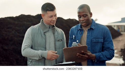 Team, fertilizer and men with clipboard for agriculture, planning and collaboration. Happy people on checklist in discussion at industrial compost plant, recycle soil and organic waste management - Powered by Shutterstock