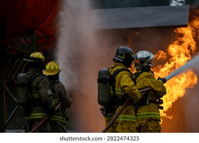 Team of firefighter in fireproof clothes using fog watering hose to put out the burning crashing plane with high flame for fire extinguish risk rescue mission and accident
