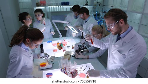 Team Of Forensics Researchers Working In Hospital Scientific Lab, Group Of Scientists Collaboration Activity In Modern Laboratory, Futuristic Scientific Projects Concept