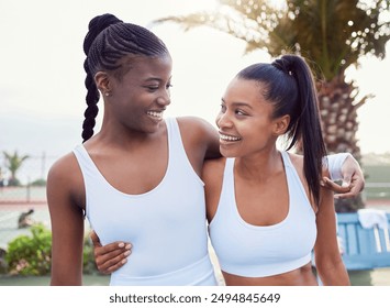 Team, friends and hug in tennis court for game, competition and fitness for sports with happiness. Outdoor, collaboration and women with embrace for match, tournament and performance as players - Powered by Shutterstock