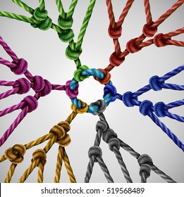 Team Groups Network As Individual Diverse Teams Coming Together Connected To A Central Point As An Abstract Communication Concept Or Social Connection Metaphor With Linked Ropes Of Different Colors.