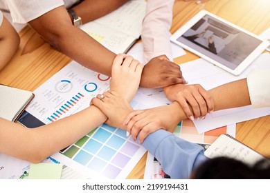 Team hands with teamwork, work support and community of office collaboration with project data. Working business team making hand circle to show corporate commitment, company unity and staff people