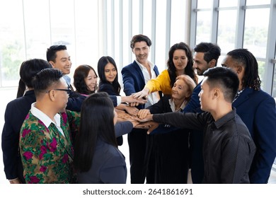 team hands together. Unity and teamwork. Group of business team showing unity with their hands together