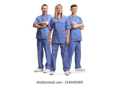 Team of health care workers in blue uniforms isolated on white background