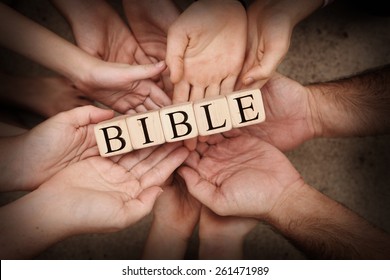 Team Holding Building Blocks spelling out Bible