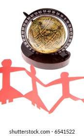 Team holding hands and globe over white