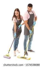 Team Of Janitors With Floor Mops On White Background