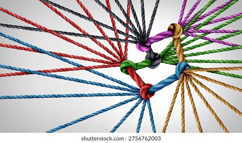 Team joining business support or unity and teamwork concept as a group of diverse ropes uniting together to create a strong united bond in strength and solidarity as a metaphor for success.