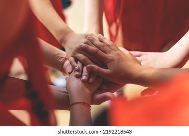 Team Of Kids Children Basketball Players Stacking Hands In The Court, Sports Team Together Holding Hands Getting Ready For The Game, Playing Indoor Basketball, Team Talk With Coach, Close Up Of Hands