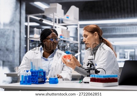 Team of lab experts checking bacterial growth on petri dish. Teamworking colleagues inspecting culture plate for visible colonies, studying germs in modern sterile laboratory