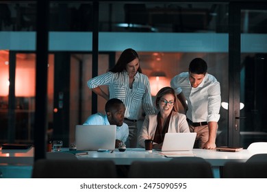 Team, laptop and business people in office at night with stock market charts for corporate investment. Discussion, computer and financial advisors working on company profit report with deadline. - Powered by Shutterstock