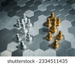 Team of luxury golden and silver chess pieces with king and pawn standing on hexagon pattern floor background. Competition, game, war, partnership, versus, encounter, confront and planning concepts.