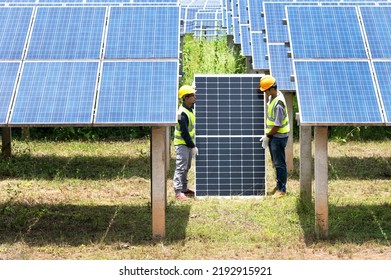 A Team Of Male Engineers Is About To Install Solar Panels. At The Solar Power Station Engineer Team Ordered And Installed Solar Cells.